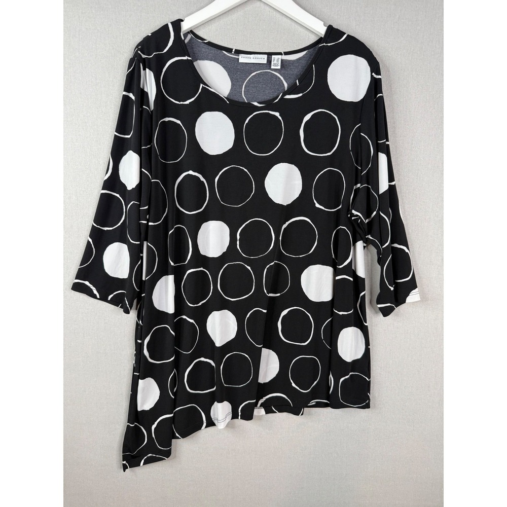 Susan‎ Graver Liquid Knit Top Women 2X Black Polka Dot Asymmetric 3/4 Sleeve